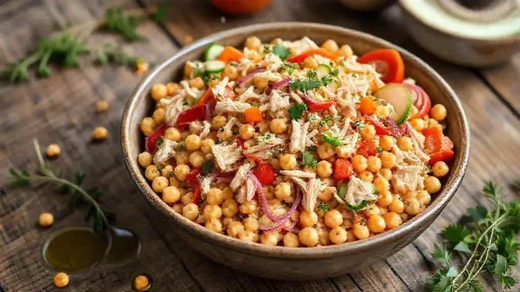 salada de grão-de-bico com frango e legumes